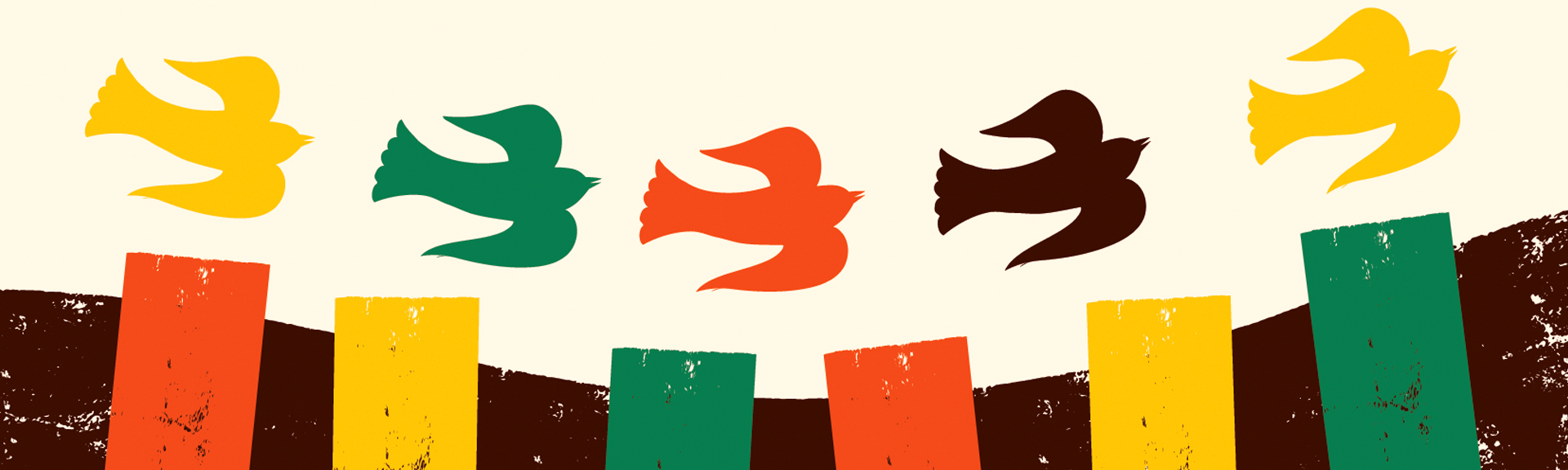 A graphic with birds and blocks in alternating colors of yellow, green, orange, and brown.