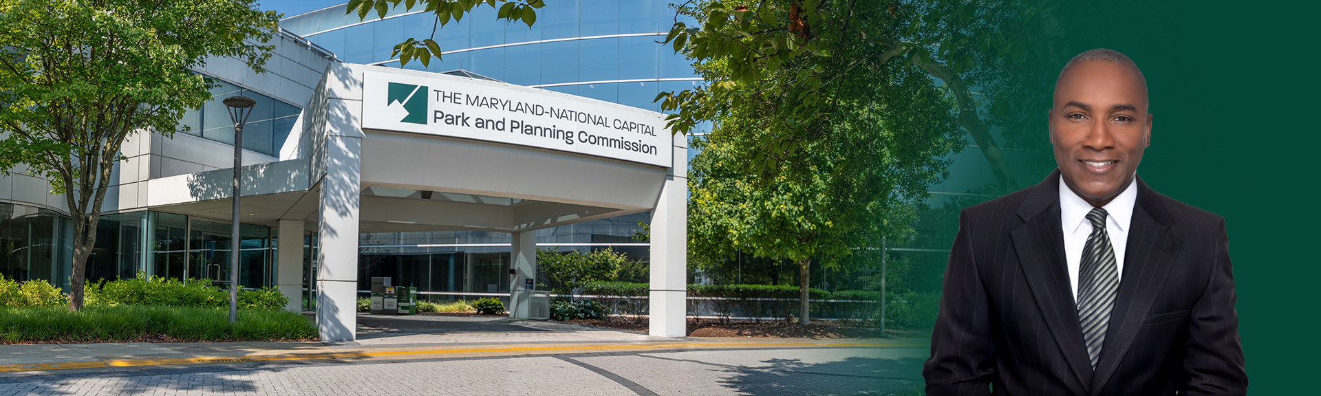 The front of the M-NCPPC Largo Headquarters building and the new Chair of the Prince George's County Planning Board, Kevin A. Anderson.