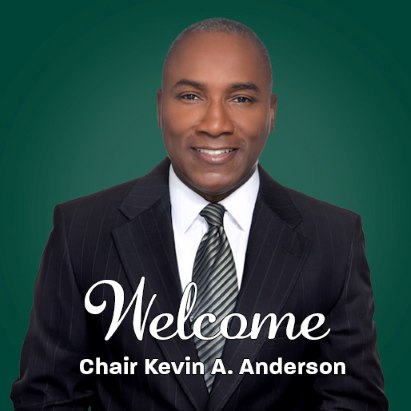 Welcome, Planning Board Chair Kevin A. Anderson, with a portrait of him wearing a navy blue suit with a white shirt and a grey and navy blue striped tie, on a dark green background.