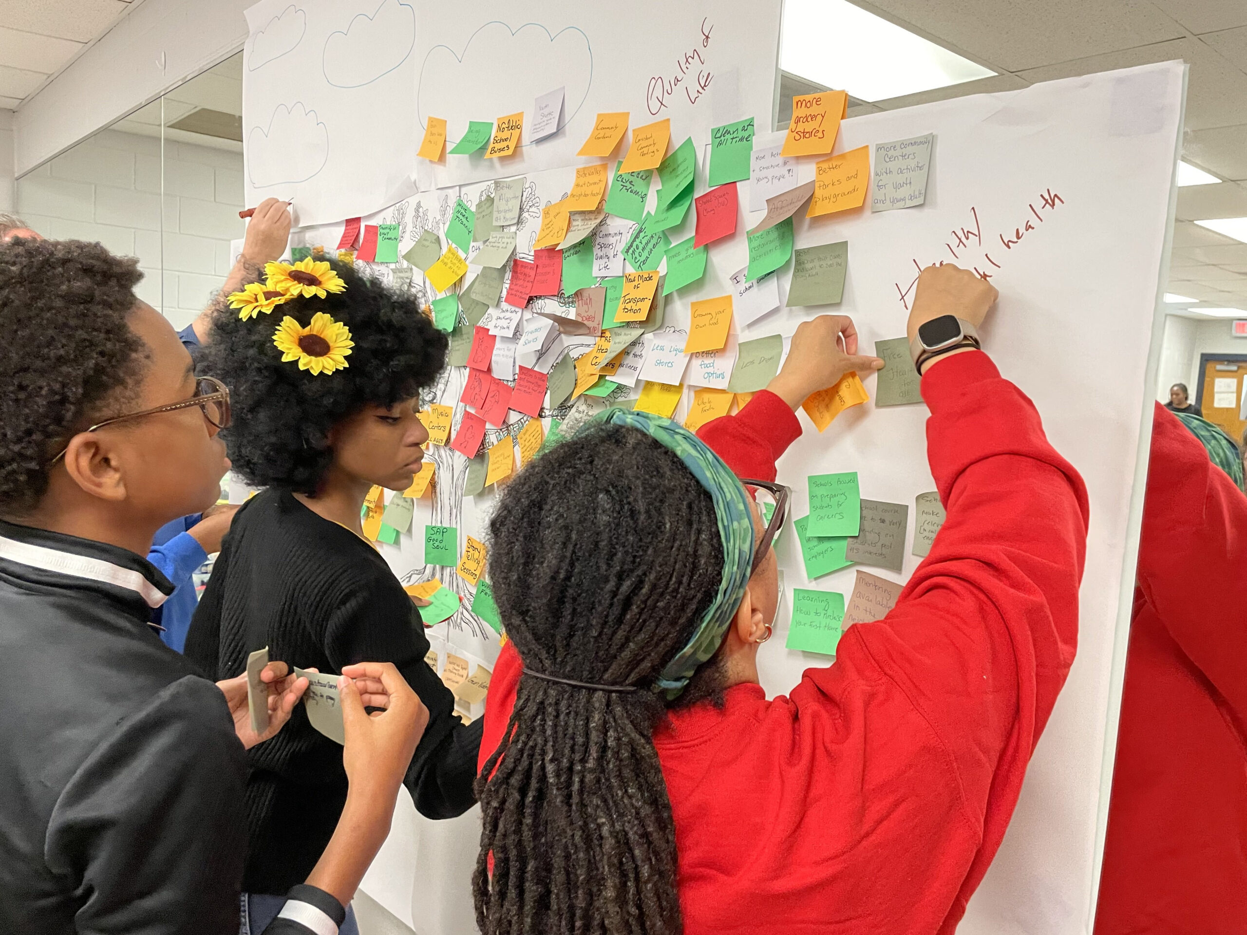 Youth writing on sticky notes on a board